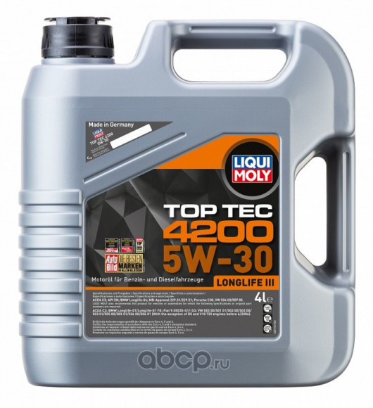 Масло мотор.  5W30 Liqui Moly Top Tec 4200 New Generation API SP ACEA C3 пластик (4 л.) 1*4 шт.