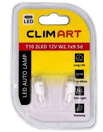 Лампа автомобильная светодиодная Clim Art T10 2LED 12V W2.1x9.5d (W5W)/к-т 2 шт.